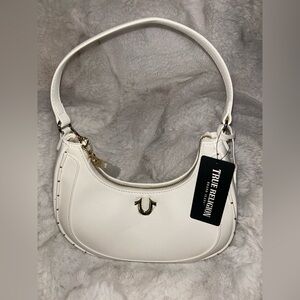 True Religion White Crescent Shoulder Bag Gold Chain Horseshoe Logo NWT